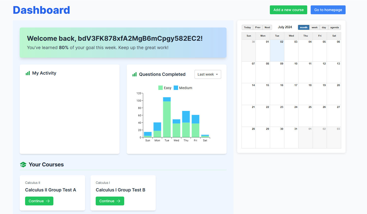 Student dashboard showing personalized learning interface